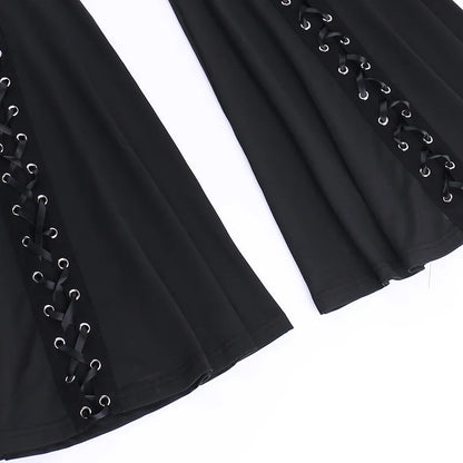 Dark Black Punk Flared Pants Long Trouser Women Lace Up Front Hollow Cut Out Bell Bottom Tied Up High Waist