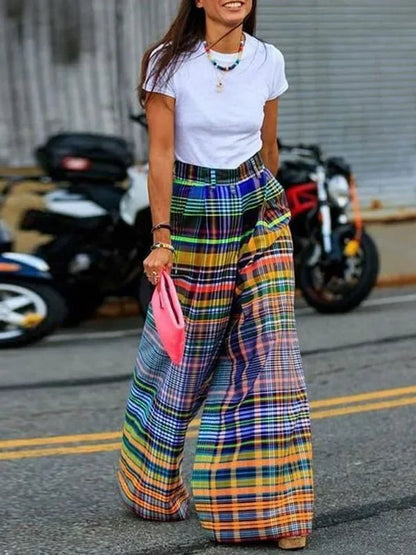 Oversized High Waist Wide Leg Pants Checkerboard Printed Casual High Street Trousers