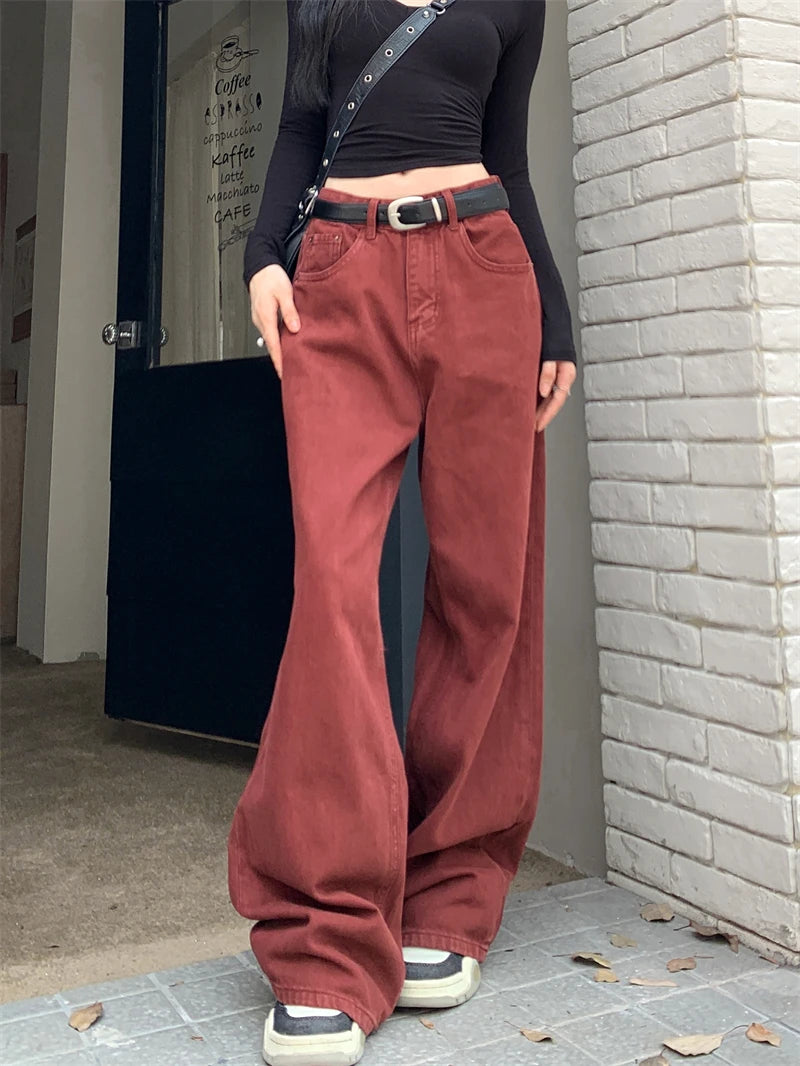 Women Red Jeans Harajuku Y2k Aesthetic Streetwear Baggy Denim Trousers Korean Loose Jean Pants 90s Vintage 2000s Trashy Clothes