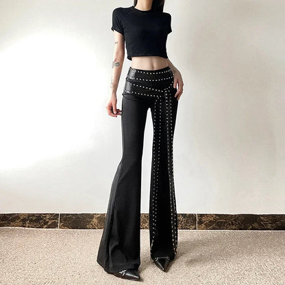 Punk Grunge Hoge Taille Flare Broek Effen Alt Streetwear Vrouwen Mall Gothic Casual Broek Met Kunstleer Riemen Slank