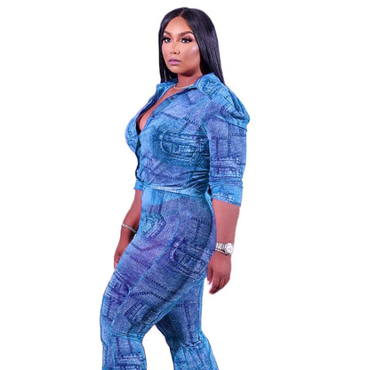 Long Sleeve Stretch Chiffon Print Denim Two Piece Set Plus Size