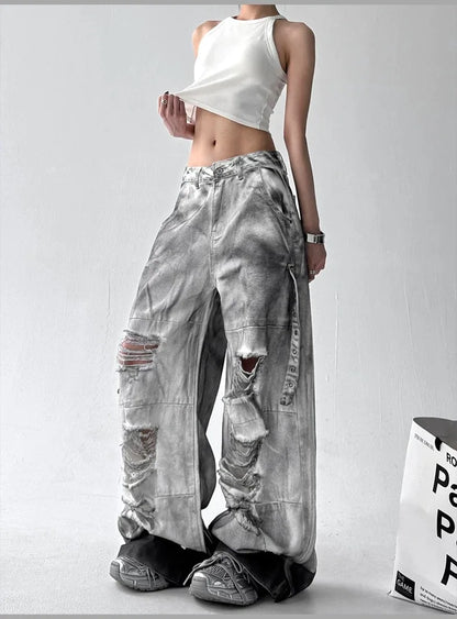 Women's Grey Ripped Jeans Cargo Baggy Y2K Harajuku High Street Aesthetic 2000S Style Fashion 90s Retro Loose Jeans 2025 New