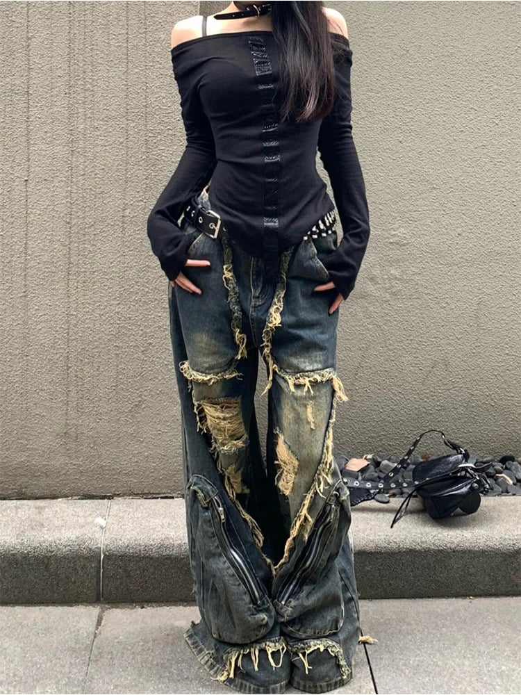 Women's Blue Cargo Ripped Pants Baggy Streetwear Aesthetic Harajuku Japanese 2000s Style Y2k Emo Pants Vintage Trousers Clothes