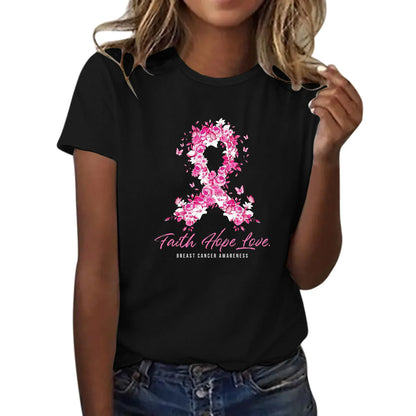 Ribbon Petal Print Pink October T-shirt Breast Cancer Awareness Graphic Short Sleeve