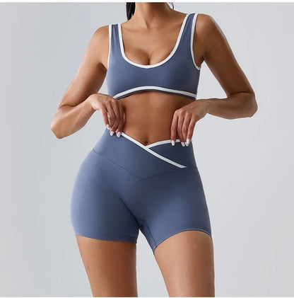 Seamless Yoga Sets Sports Fitness cross waist  Waist Hip-lifting Shorts Bra Suit