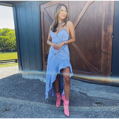 Strap Denim Women's Dress Vintage Asymmetric Hem Cinching irregular Dress Female Summer New  Lady High Street Outwear Distressed
