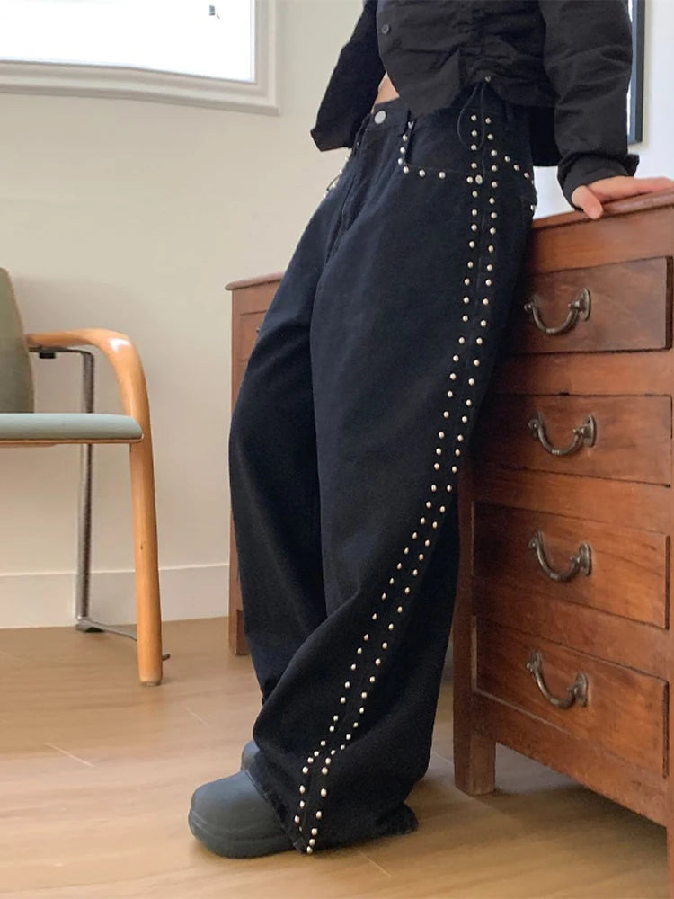 Metal Rivet Wide Leg Jeans Trousers Baggy Low Rise Pockets Denim