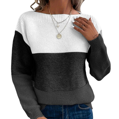 Dressy Sweater For Women Patchwork Color Block Long Sleeve Bateau Neck Elegant Pullover