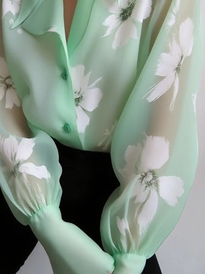 Urban Female Elegant Floral Printed See-Through Lapel Blouse Flared Sleeves Loose Casual Office Party