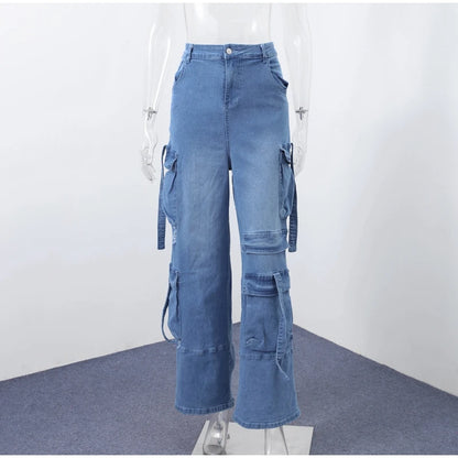 High Waist Cargo Denim Jeans With Full Rhinestones Sparkling Casual Baggy Pants Streetwear Chic Daily Trousers