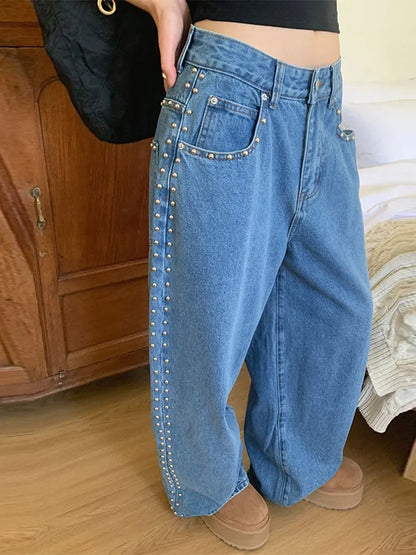 Metal Rivet Wide Leg Jeans Trousers Baggy Low Rise Pockets Denim