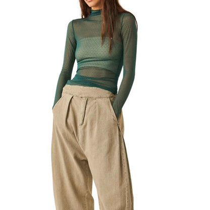 Women Sheer Mesh T-Shirt Mock Neck Long Sleeve Crop Tops Retro See Through Shirt