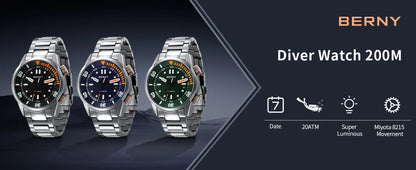 Automatic Dive Watch for Men Super Luminous Original Design 20 ATM Diver Wristwatch Sapphire