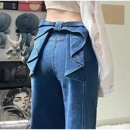 Y2K High Waist Flare Denim Jeans With Big Bow Ruffles Sweetheart Stylish Female Slim Fit Casual Trousers