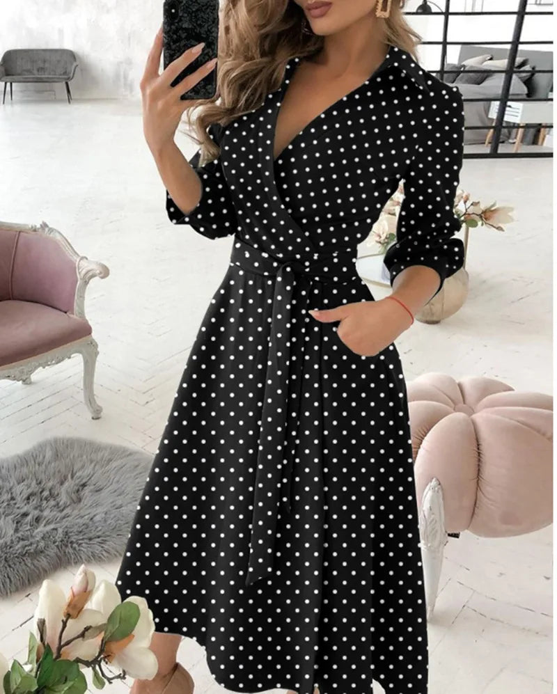 A-Line Wrap Summer Dress Long Sleeve V-Neck Dress Pocket Elegant Midi Party Dress