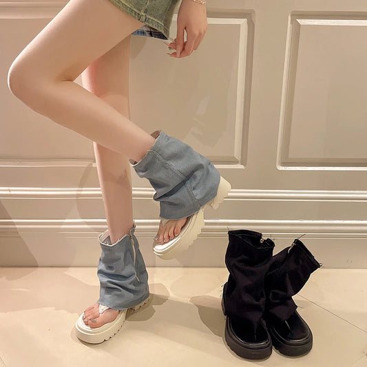Heightened Thick Heel Trousers Boots Thong Sandals Niche Design Denim Casual