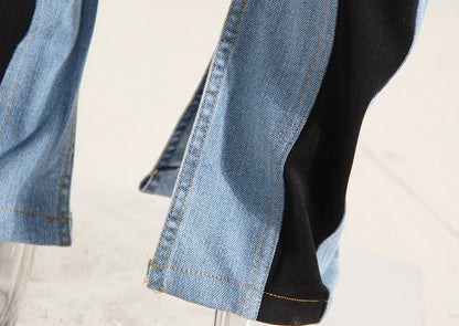 Color Block Women's Jeans Slim Panelled Patchwork High Waist Split Blue Long Denim Pants