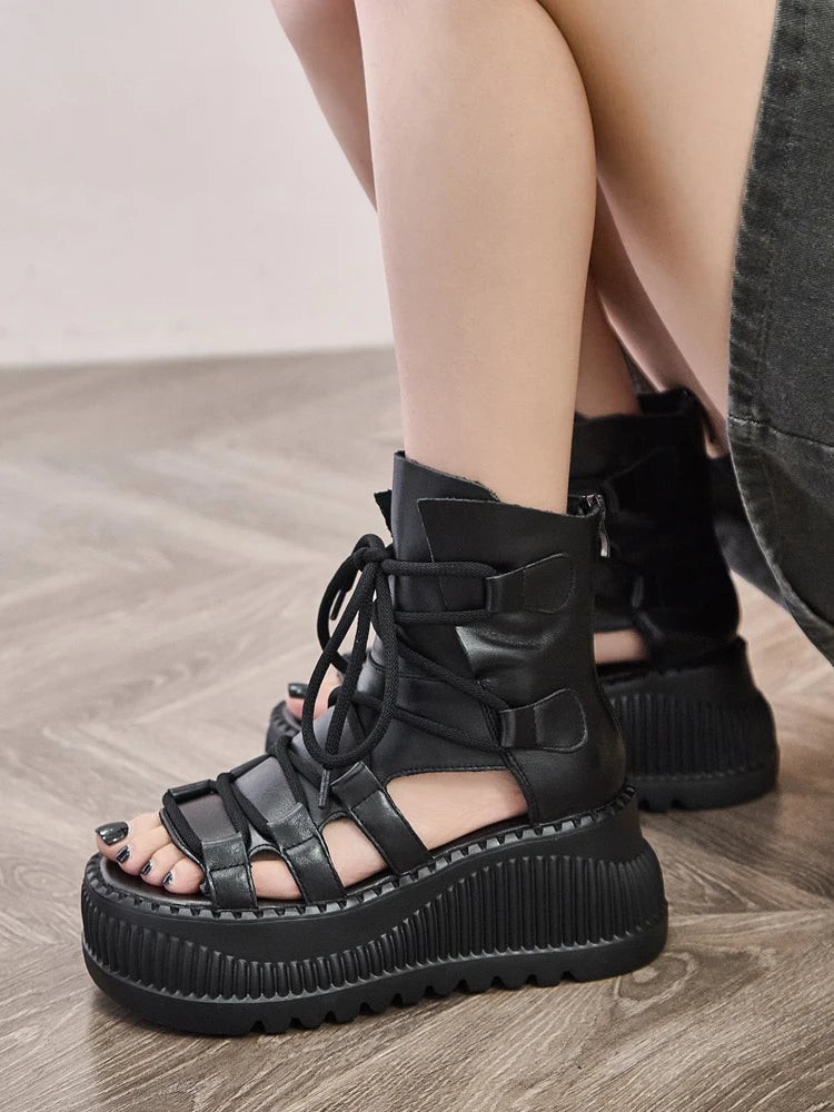 Genuine Leather Women Sandals Loafer Shoes Platform Wedge Comfy Hollow Rubber Peep Toe Flats Ankle BootS