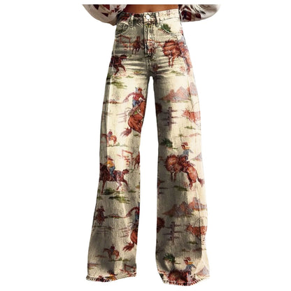 Wide Leg Jeans High Waisted Casual Floral Printed Trousers