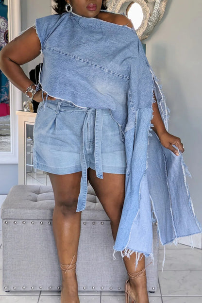 Blue Oblique Collar Batwing Sleeve Long Sleeve Split Irregular Hem Denim Jacket
