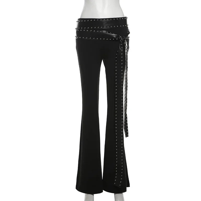 Punk Grunge Hoge Taille Flare Broek Effen Alt Streetwear Vrouwen Mall Gothic Casual Broek Met Kunstleer Riemen Slank