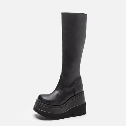 Wedge-heeled Mid-tube Boots Ladies Gothic Style Thick-soled Motorcycle Boots