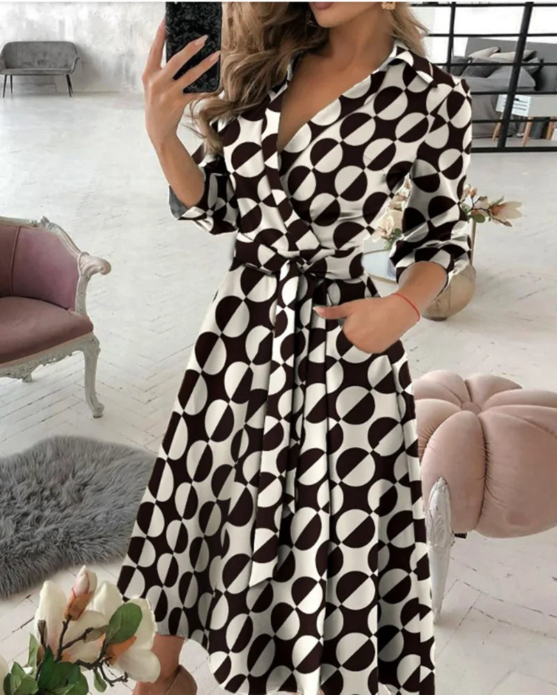 A-Line Wrap Summer Dress Long Sleeve V-Neck Dress Pocket Elegant Midi Party Dress