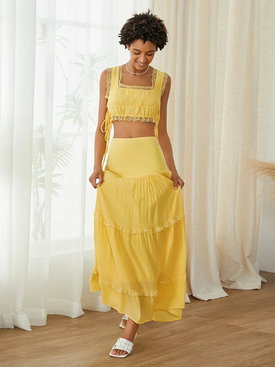 Summer 2Pcs Outfits Lace Trim Sleeveless U-Neck Tank Tops with Long Skirt Set Yellow / M / United States Yellow / S / United States WHITE / S / United States Yellow / M / United States-Yellow / S / United States-WHITE / S / United States-Yellow / L / United States-WHITE / L / United States-WHITE / M / United States-