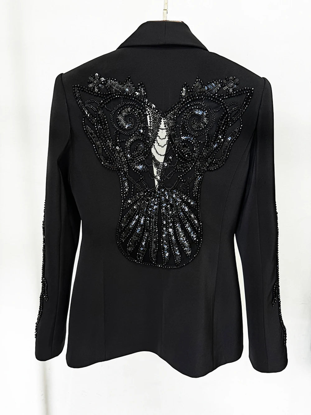 Women's Mesh Splicing Bead Sequin Blazer Wide legs Chiffon Pants Set Suit