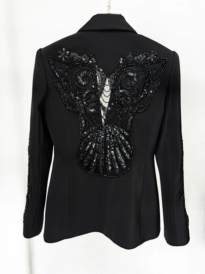 Women's Mesh Splicing Bead Sequin Blazer Wide legs Chiffon Pants Set Suit