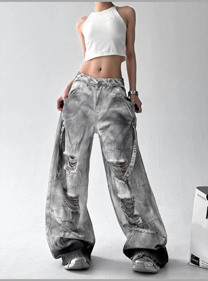 Women's Grey Ripped Jeans Cargo Baggy Y2K Harajuku High Street Aesthetic 2000S Style Fashion 90s Retro Loose Jeans 2025 New