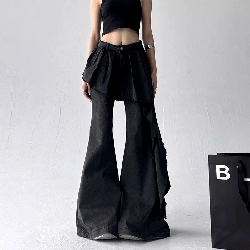 Women's Black Gothic Baggy Jeans Irregular Skirt Y2K Harajuku Streetwear 2000S Style Aesthetics Retro Jeans Pants Clothing 2025