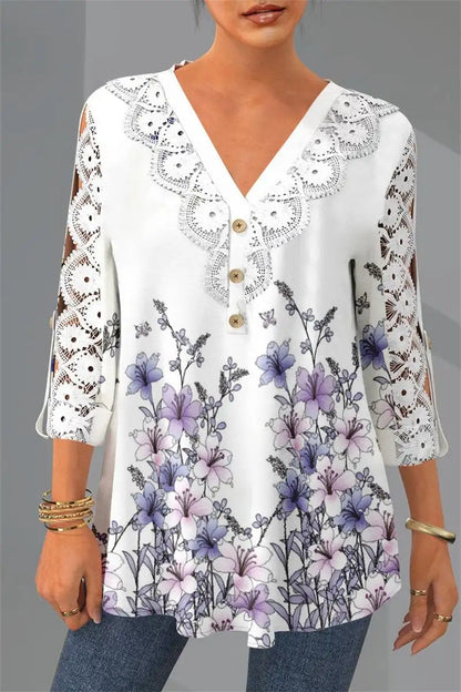 Plus Size Casual Lace Patchwork Floral Print 3/4 Sleeve Blouse Navy Blue / 5XL / United States Navy Blue / 0XL / United States Purple / 5XL / United States Navy Blue / 5XL / United States-Navy Blue / 0XL / United States-Purple / 5XL / United States-Purple / 0XL / United States-