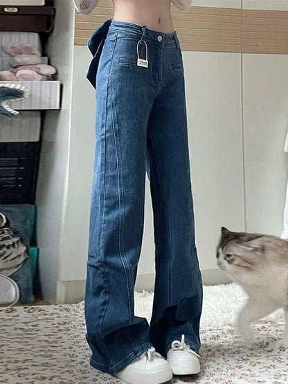 Y2K High Waist Flare Denim Jeans With Big Bow Ruffles Sweetheart Stylish Female Slim Fit Casual Trousers