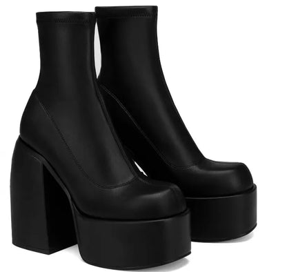 Short Boots Women Leather Boot Square toe casual Zipper high heels Casual thick soled