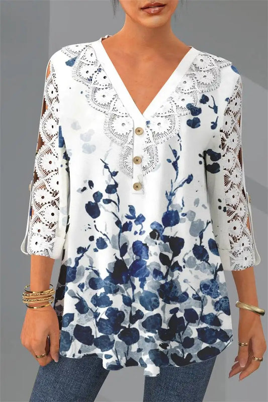 Plus Size Casual Lace Patchwork Floral Print 3/4 Sleeve Blouse Navy Blue / 5XL / United States Navy Blue / 0XL / United States Purple / 5XL / United States Navy Blue / 5XL / United States-Navy Blue / 0XL / United States-Purple / 5XL / United States-Purple / 0XL / United States-