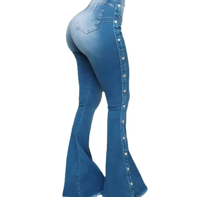 High Waist Strecth Denim Flare Pants Female Floor Length