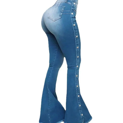 High Waist Strecth Denim Flare Pants Female Floor Length