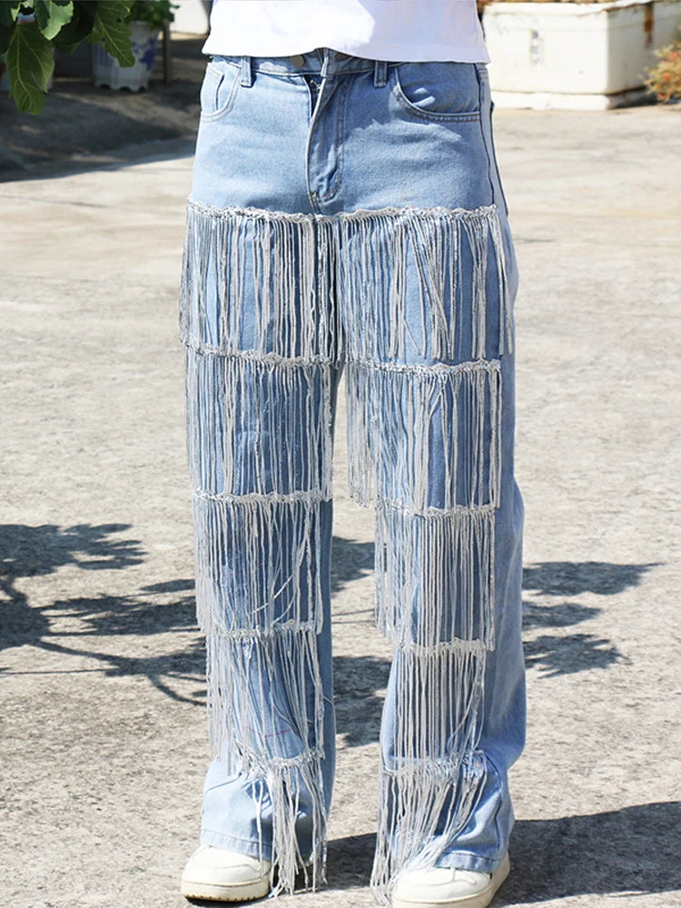 Sparkling Fringes Embellished Wide Leg Jeans Women Trendy Silver Tassel Denim Pants