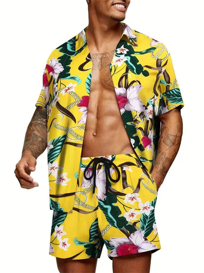 Men's Hawaiian Short-Sleeved Shirt Shorts Set Drawstring Shorts Jungle Print
