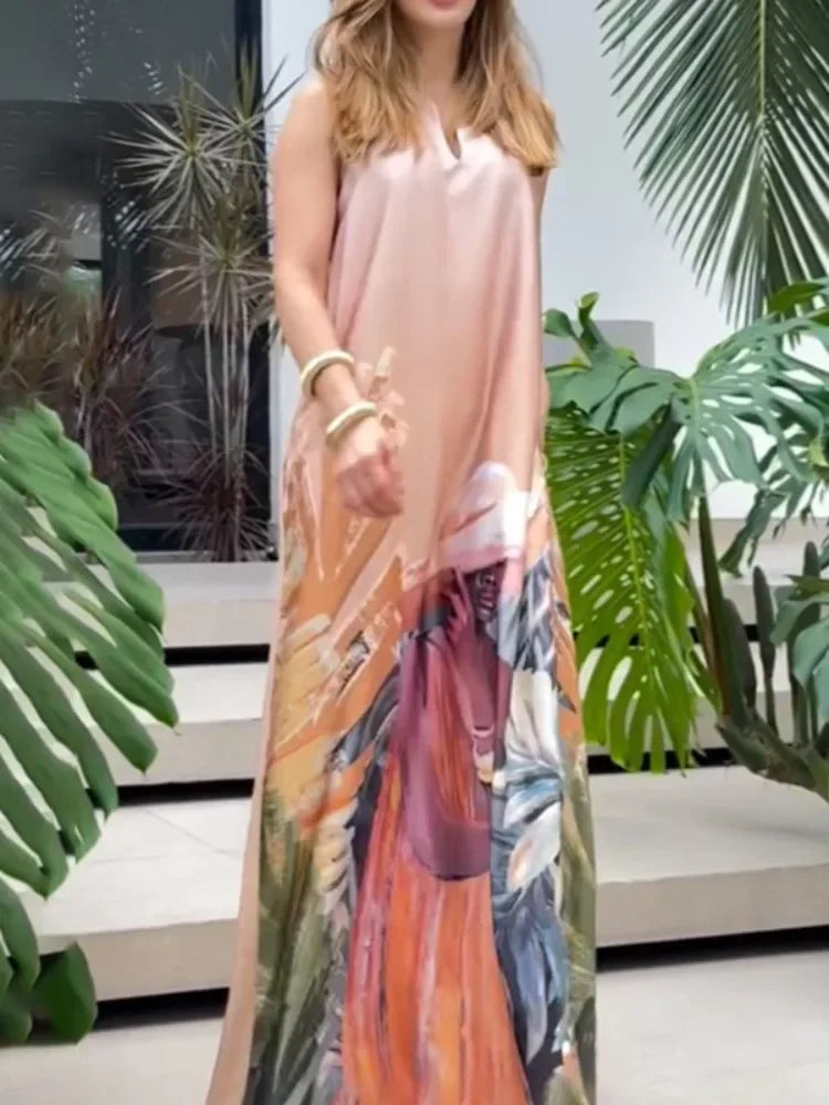 Bohemia Beach Maxi Dresses Women Sleeveless Loose Pockets