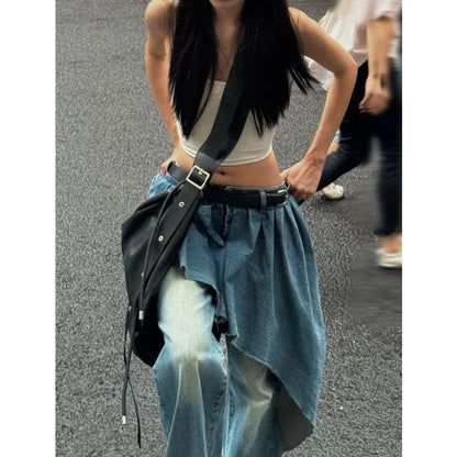 Blue Womens Jeans High Waist Vintage Design Hip Hop Straight Baggy Denim Pants Street Y2K American Style Wide Leg Denim Trouser