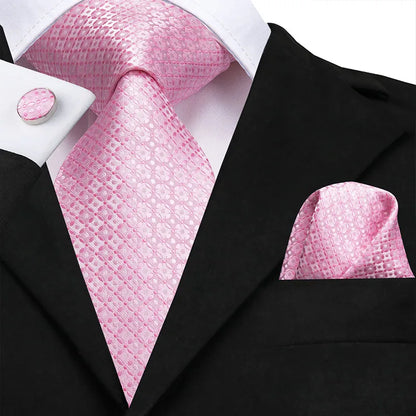 Coral 8.5cm Men's Ties Hanky Cufflinks Set Silk Tie For Men Pink Plaid Coral Luxury Wedding Party