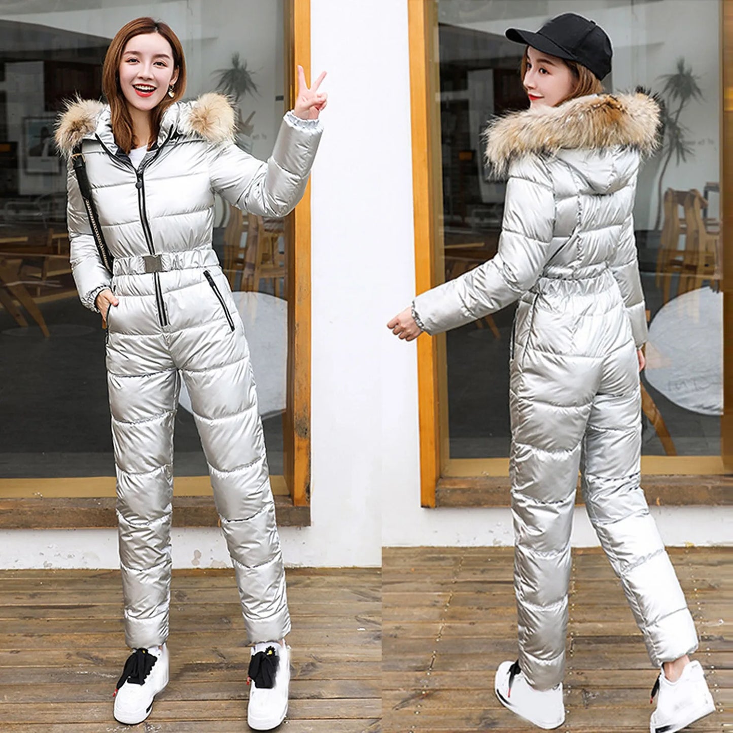 One Piece Outfit Ski Suit Winter Jumpsuit Parka Hooded Cotton Bodysuit Zipper