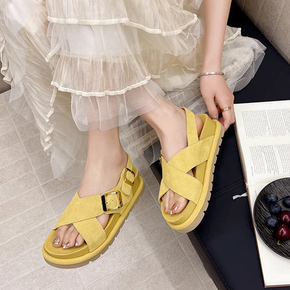 Genuine Leather Cross Strap Roman Sandals Casual Comfortable Women's Platform