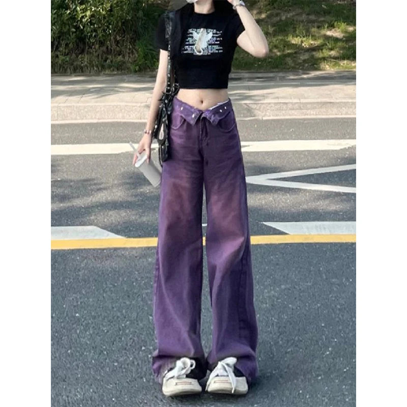 Women's Purple Baggy Jeans Harajuku Aesthetic Y2k Oversize Denim Trousers High Waist Cowboy Pants Vintage 2000s Trashy Clothes