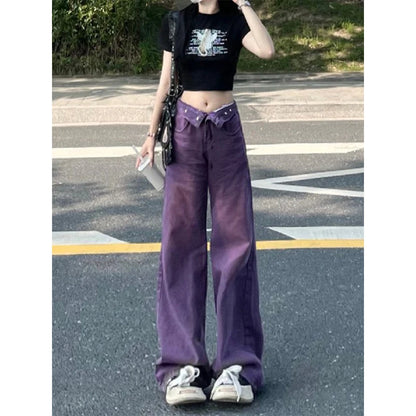 Women's Purple Baggy Jeans Harajuku Aesthetic Y2k Oversize Denim Trousers High Waist Cowboy Pants Vintage 2000s Trashy Clothes