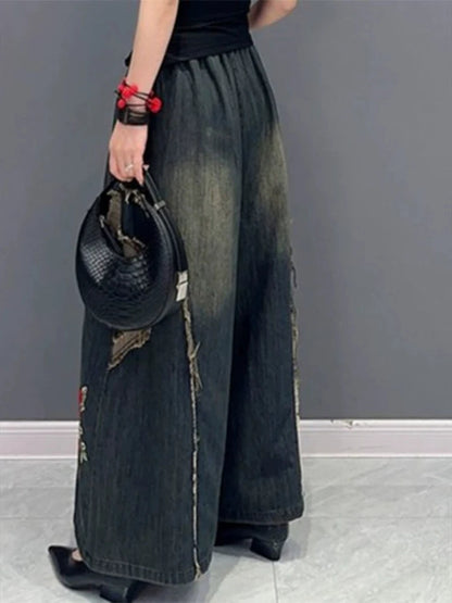 Women's Straight Jeans High-waist Ethnic Style Embroidered Drawstring Oversized Denim Wide-leg Pants