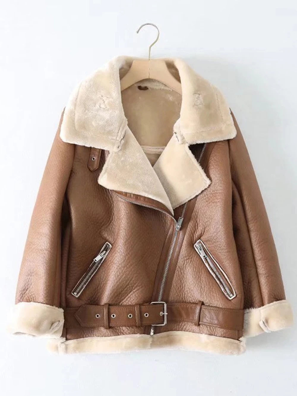 Thick and warm faux leather jacket Coat women's beige long-sleeved belt jacket women 2025 winter fashion new streetwear Tops