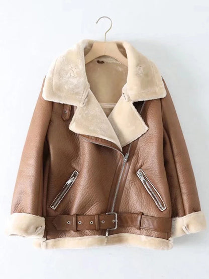 Thick and warm faux leather jacket Coat women's beige long-sleeved belt jacket women 2025 winter fashion new streetwear Tops